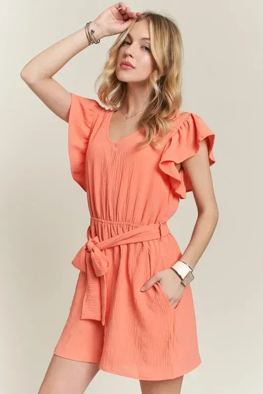 ADORA Ruffle Sleeves Romper with Pockets - DAVERRI FASHIONS