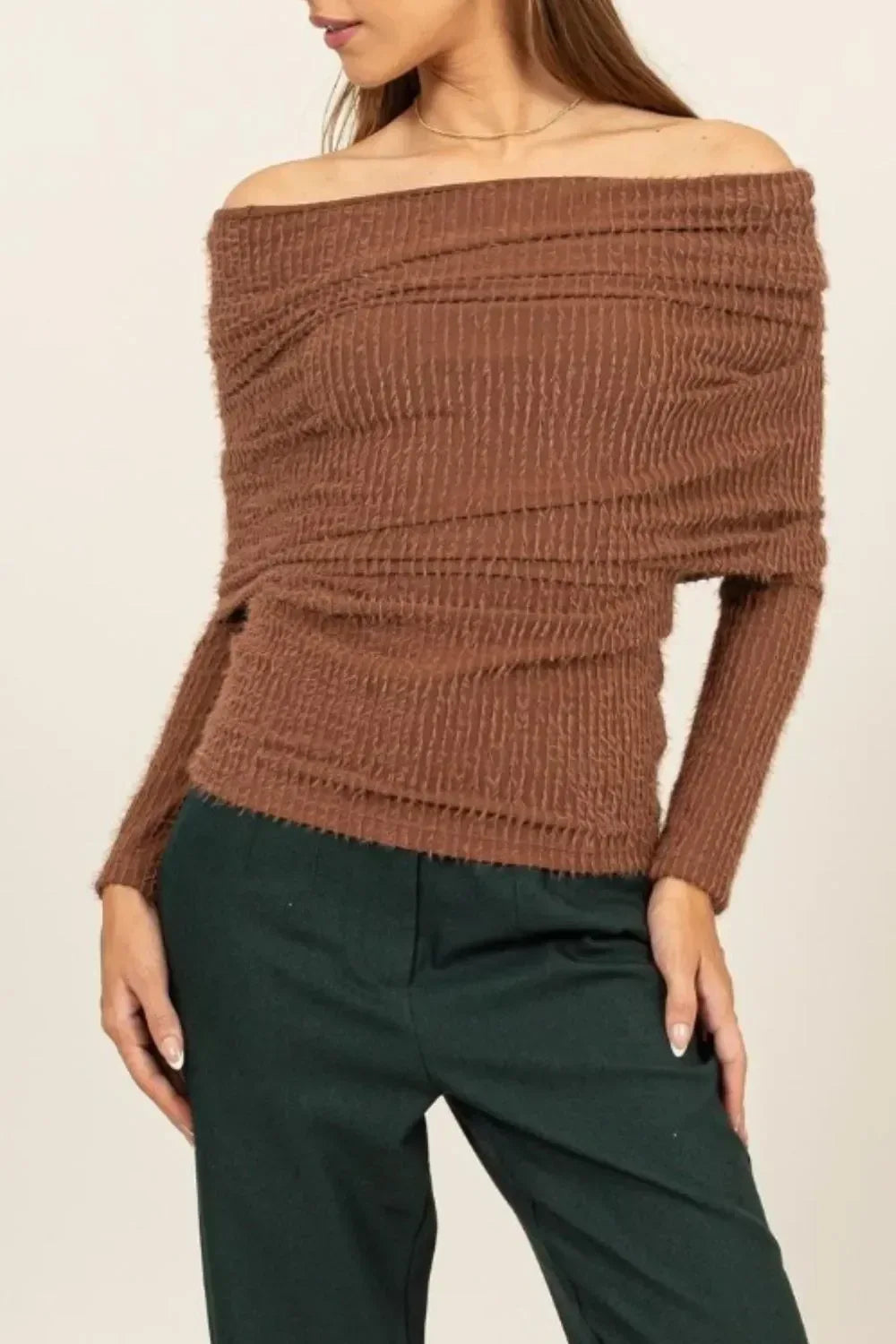 HYFVE Fuzzy Off Shoulder Textured Knit Top - DAVERRI FASHIONS