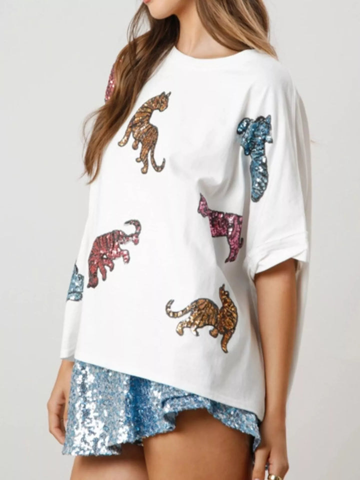Sequin Tiger Round Neck T-Shirt | T-Shirts Daverri Fashions