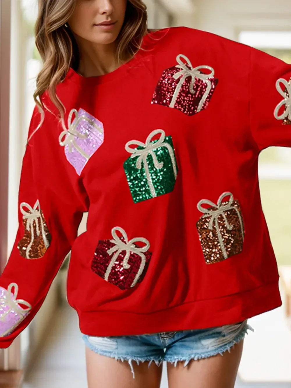Sequin Gift Box Long Sleeve Sweatshirt - DAVERRI FASHIONS