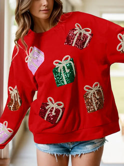 Sequin Gift Box Long Sleeve Sweatshirt - DAVERRI FASHIONS