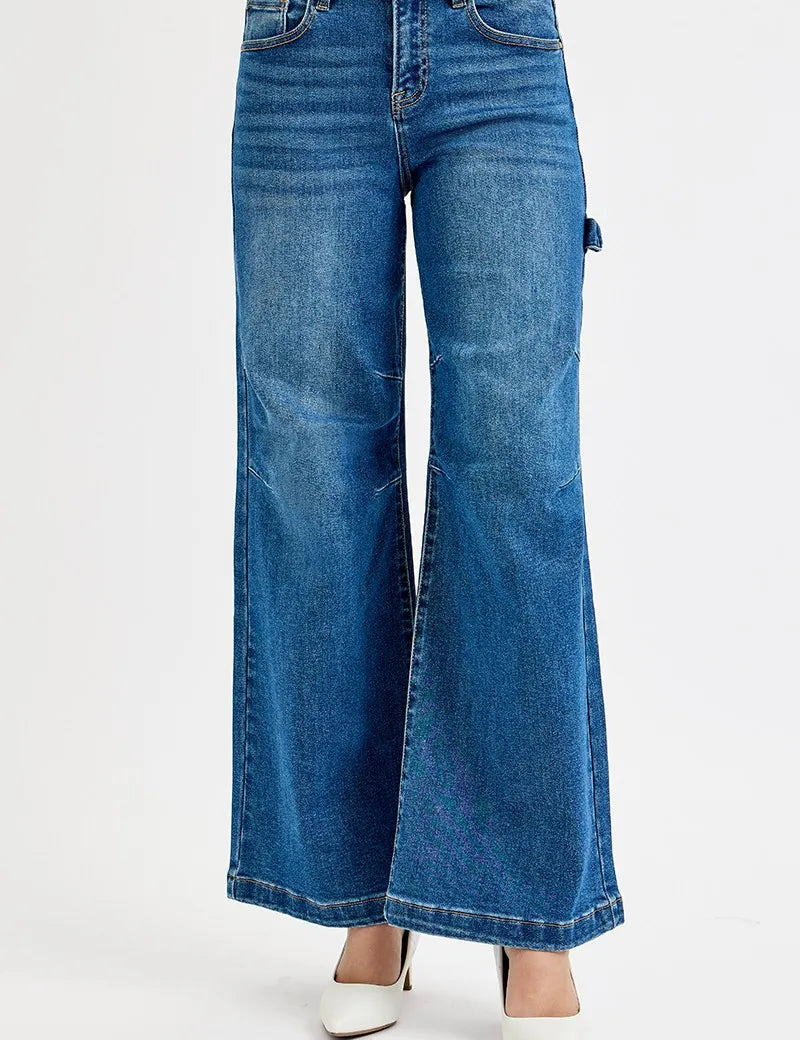 RISEN Full Size High Rise Wide Leg Patch Detailed Jeans Plus Size | Jeans Daverri Fashions