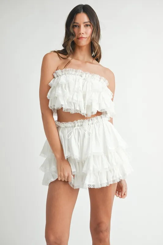 MABLE Ruffle Layered Crop Top and Mini Skirt Set Outfit Sets