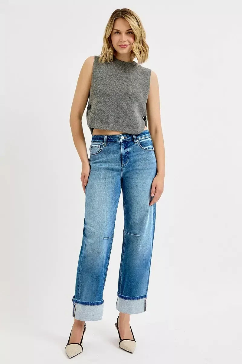 RISEN Slouchy Crop Barrel Cuffed Jeans - DAVERRI FASHIONS