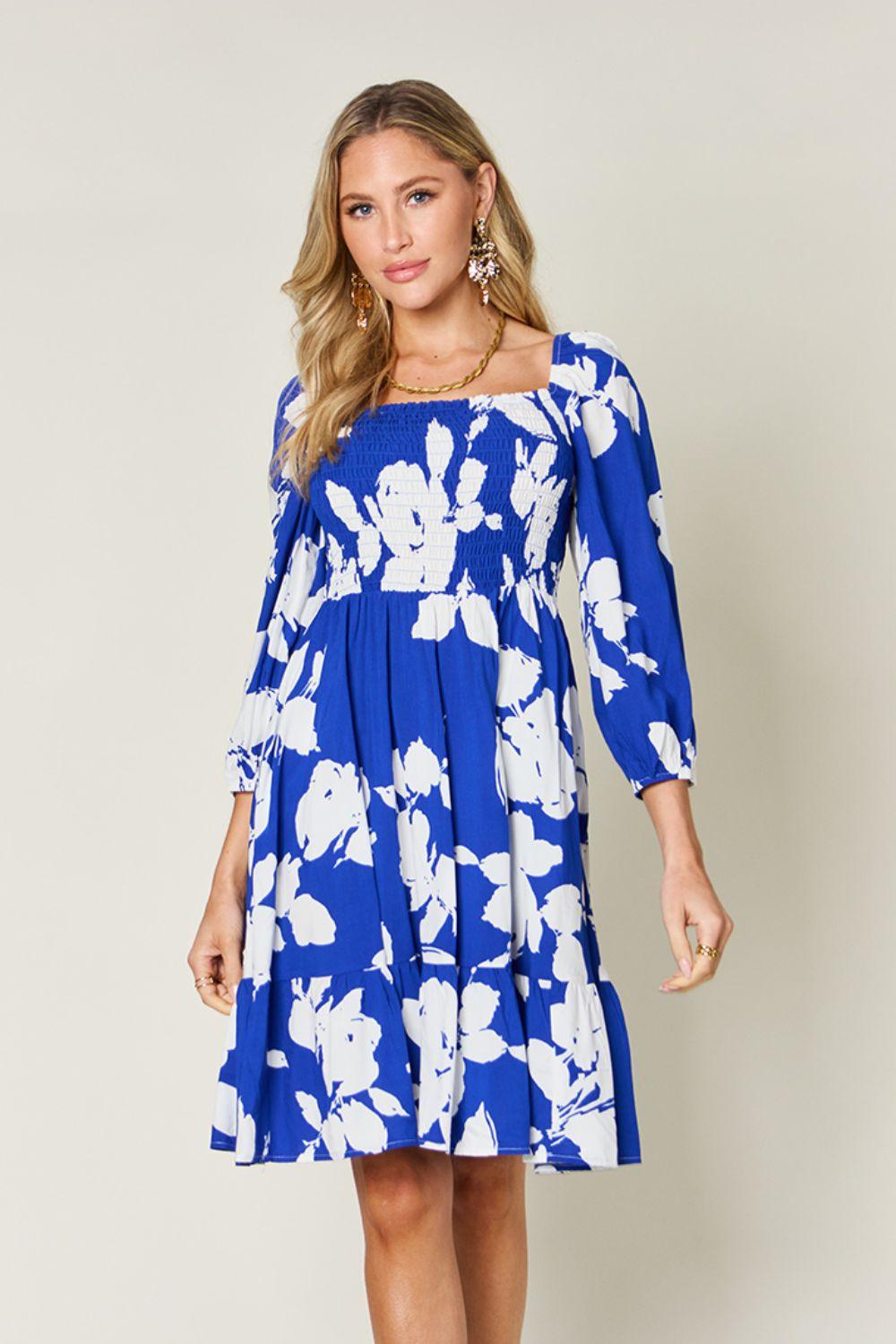Double Take Full Size Floral Ruffle Hem Smocked Dress Royal Blue Midi Dresses