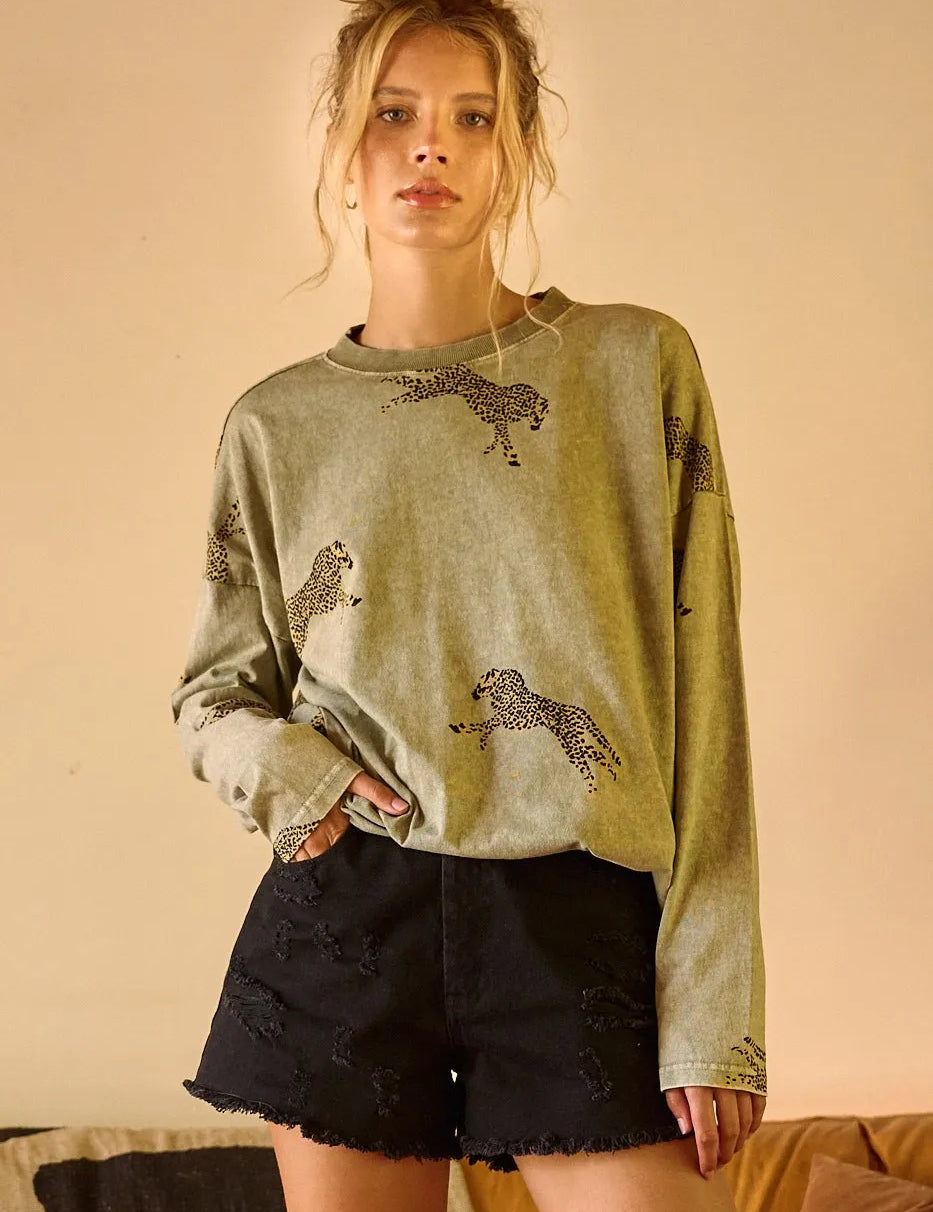 SAGE S Mittoshop Mineral Wash Cheetah Print Long Sleeve Top | Tops Daverri Fashions