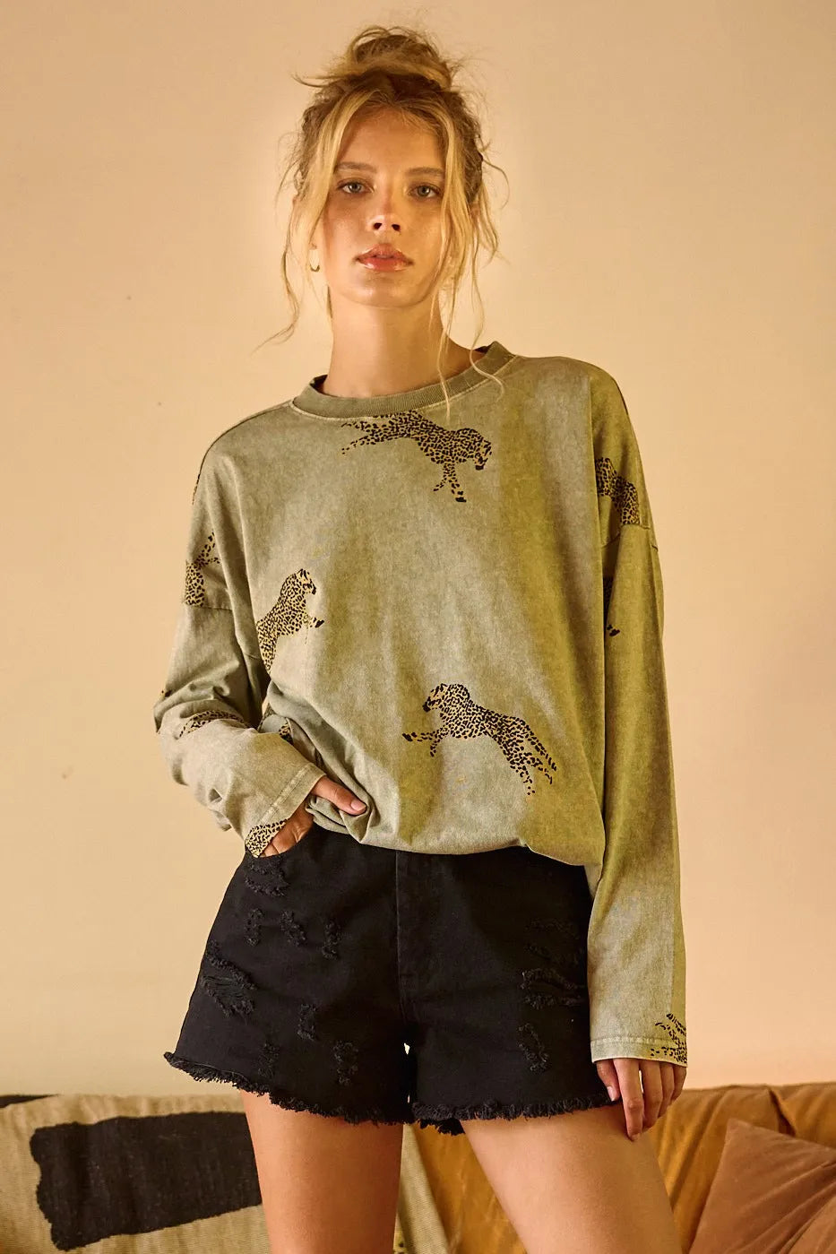 SAGE S Mittoshop Mineral Wash Cheetah Print Long Sleeve Top | Tops Daverri Fashions
