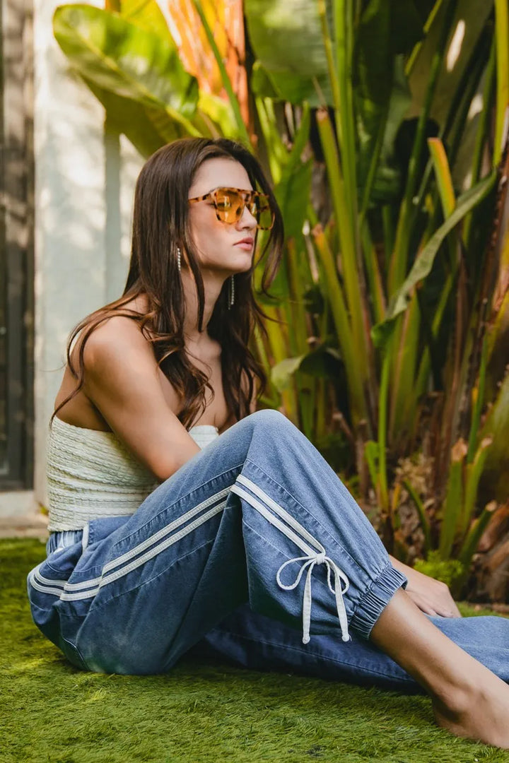 BiBi Striped Tape Details With Bot Tied Point Elastic Waist Jeans Jeans