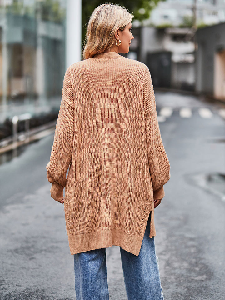 Cozy camel-colored long sleeve waffle-knit cardigan with textured weave