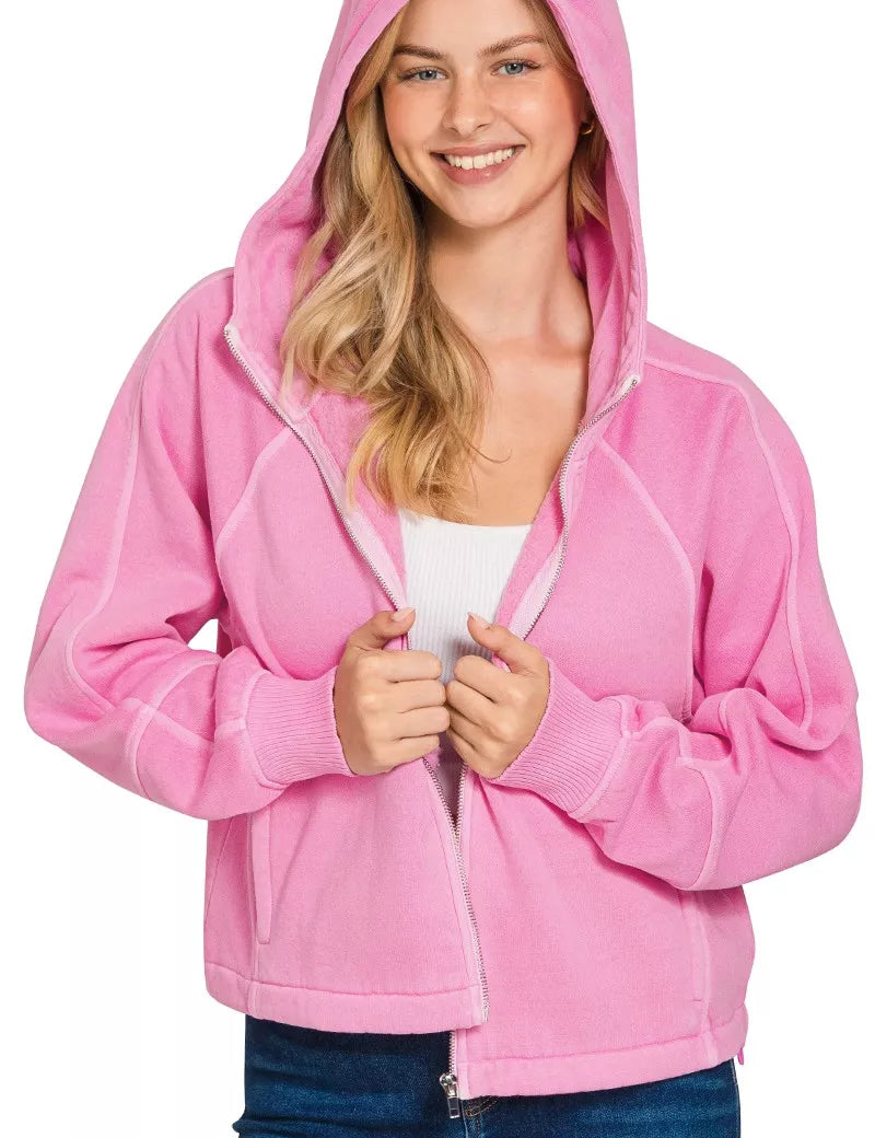 Zenana Fleece Pigment Dye Zip Up Hoodie with Pockets | Daverri Fashions