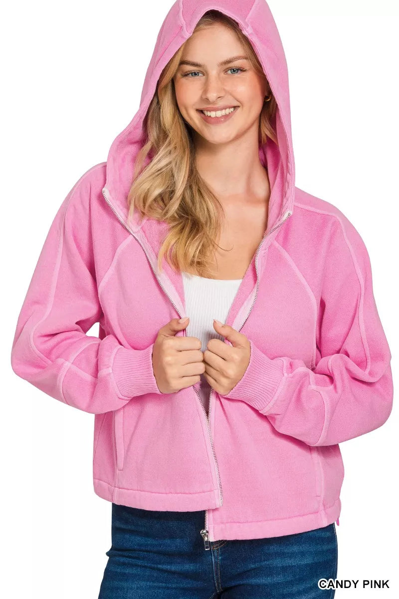 Zenana Fleece Pigment Dye Zip Up Hoodie with Pockets | Daverri Fashions
