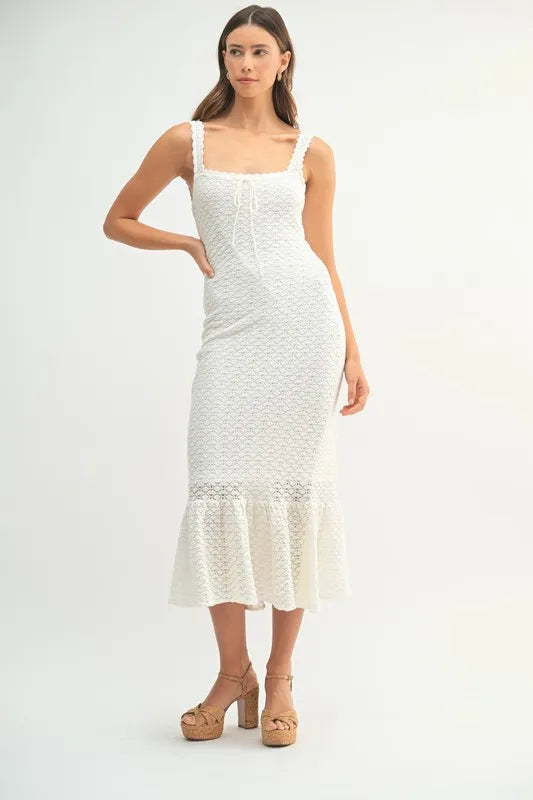 MABLE Ruffled Hem Sleeveless Crochet Knit Midi Dress