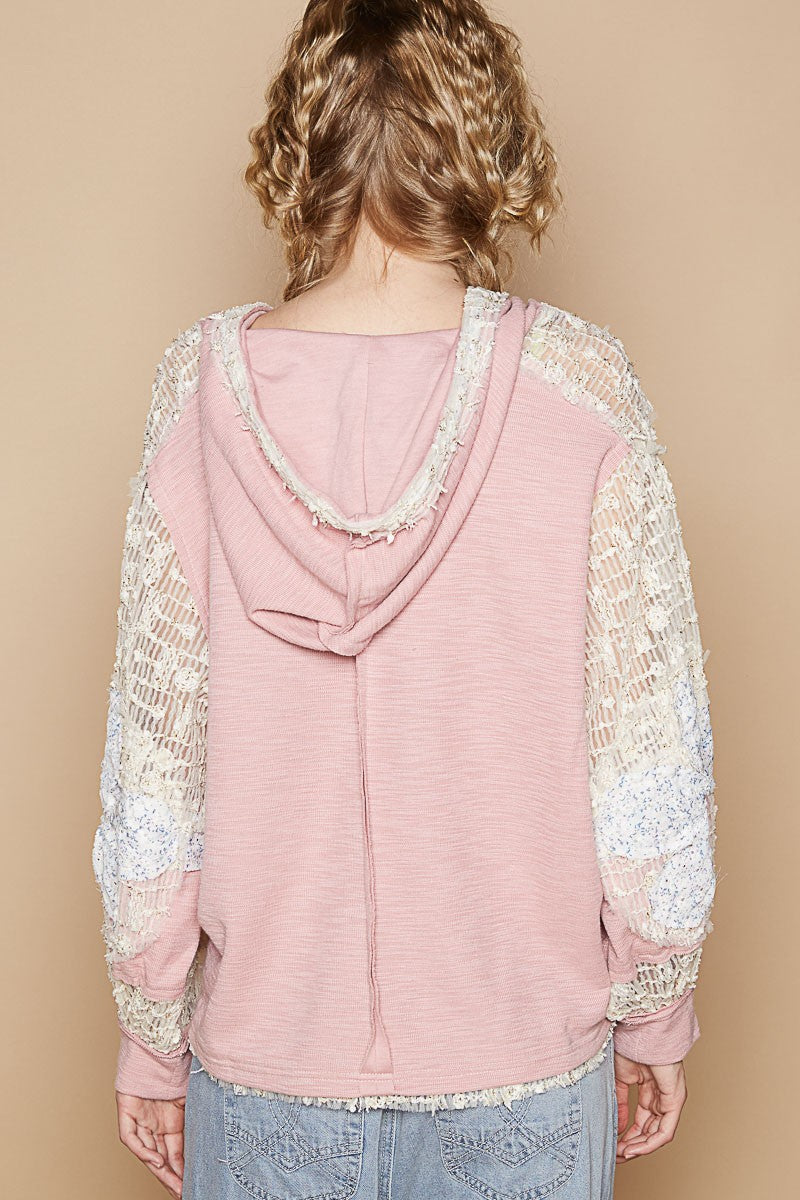 POL Star Patch Lace Long Sleeve Hooded Top Tops