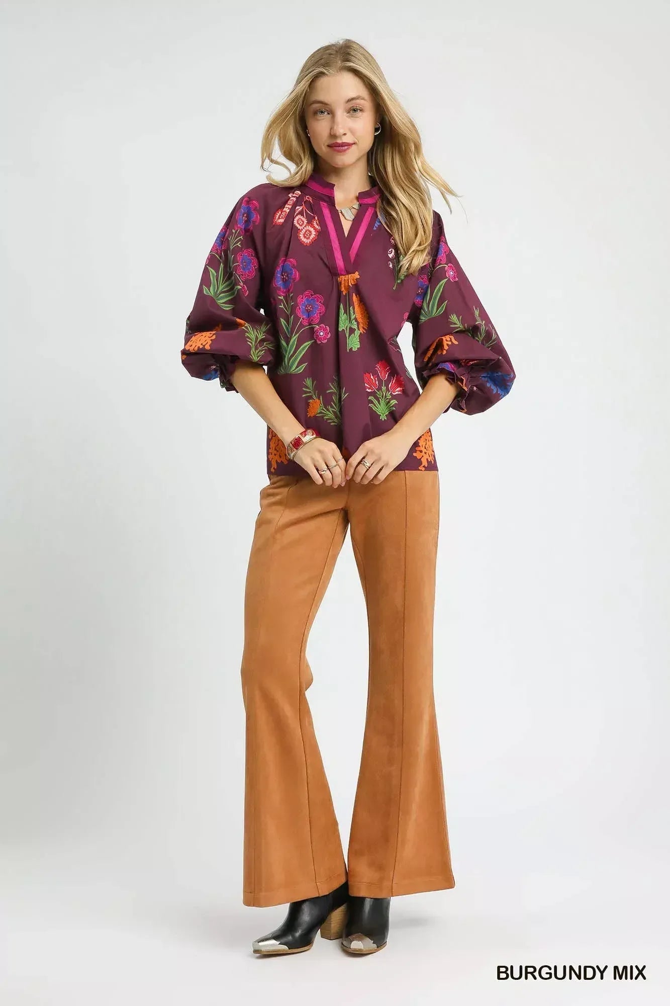 Umgee Floral Print Flounce Sleeve Blouse - DAVERRI FASHIONS