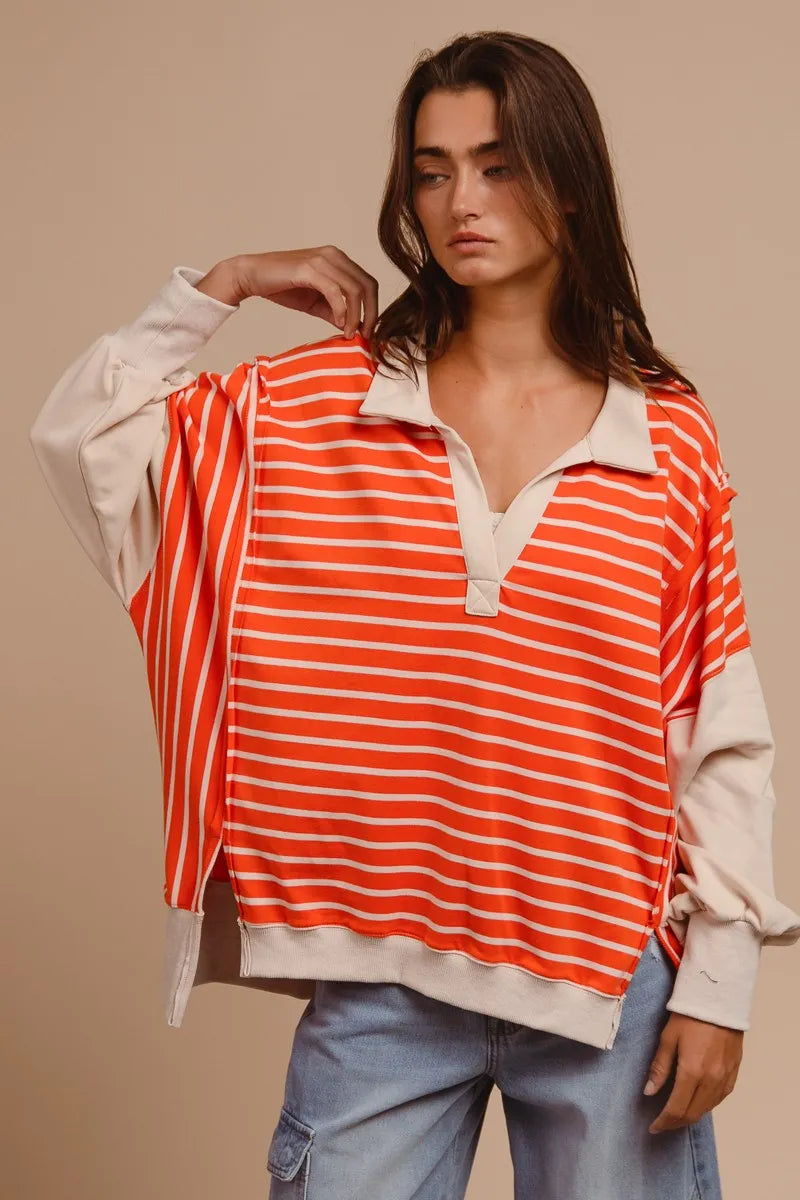 BiBi Stripe Knit Loose Fit Top With Cut Edge Detail Tops