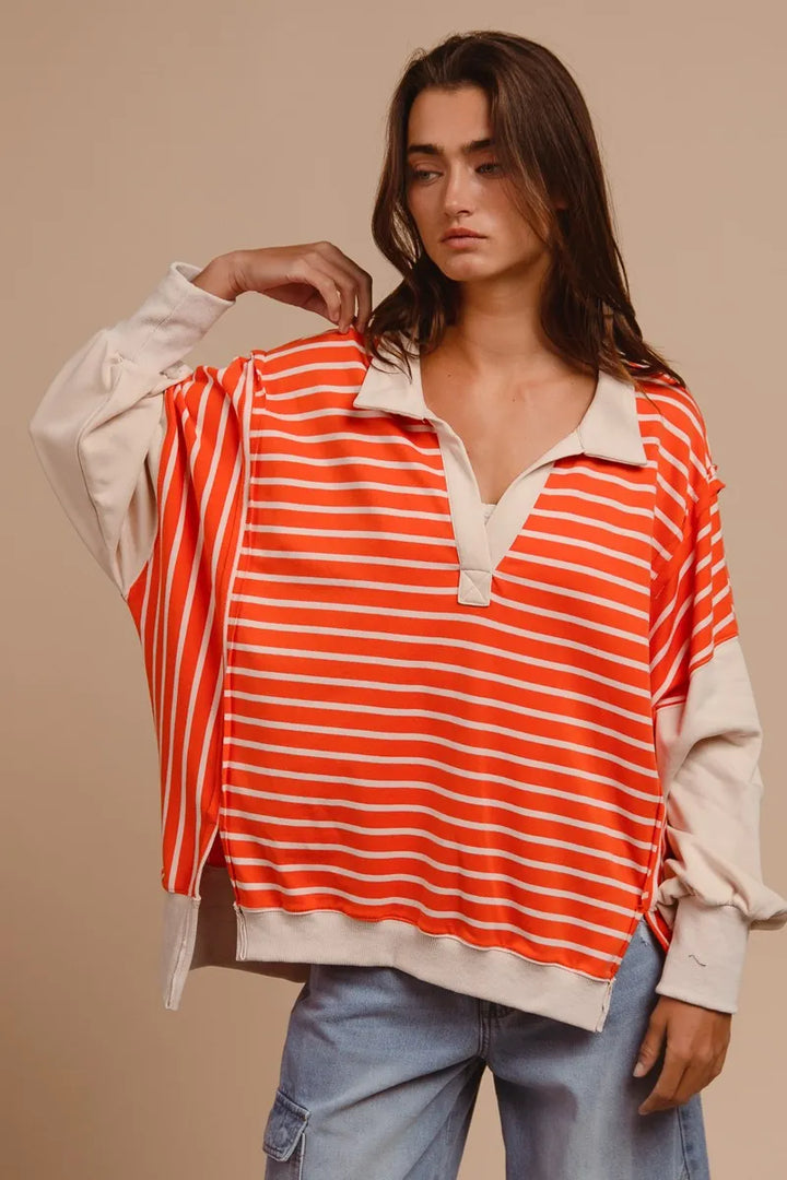 BiBi Stripe Knit Loose Fit Top With Cut Edge Detail Tops