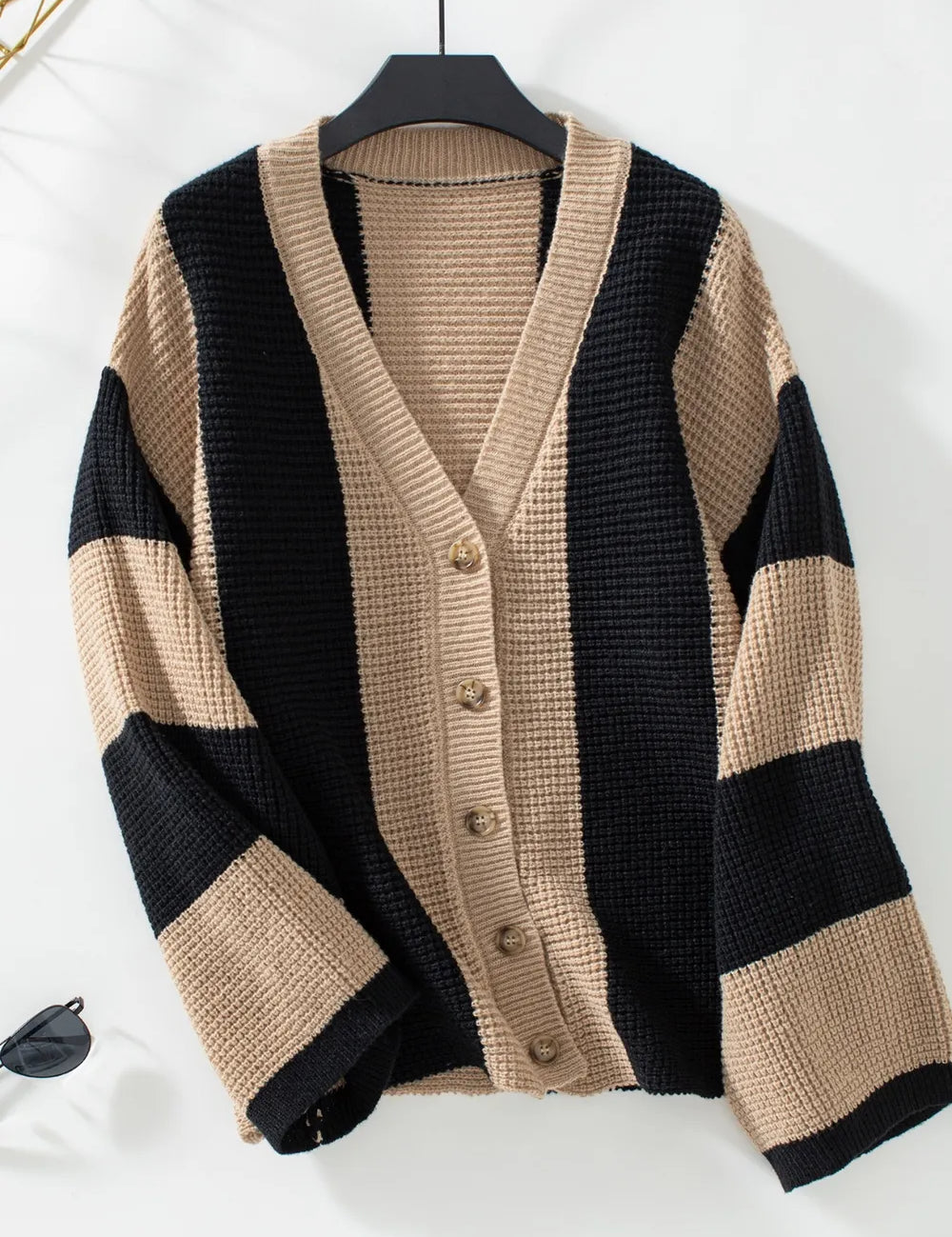 Camel Waffle-Knit V-Neck Striped Long Sleeve Cardigan | Cardigans Daverri Fashions