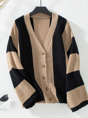 Camel Waffle-Knit V-Neck Striped Long Sleeve Cardigan | Cardigans Daverri Fashions