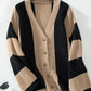 Waffle-Knit V-Neck Striped Long Sleeve Cardigan - DAVERRI FASHIONS