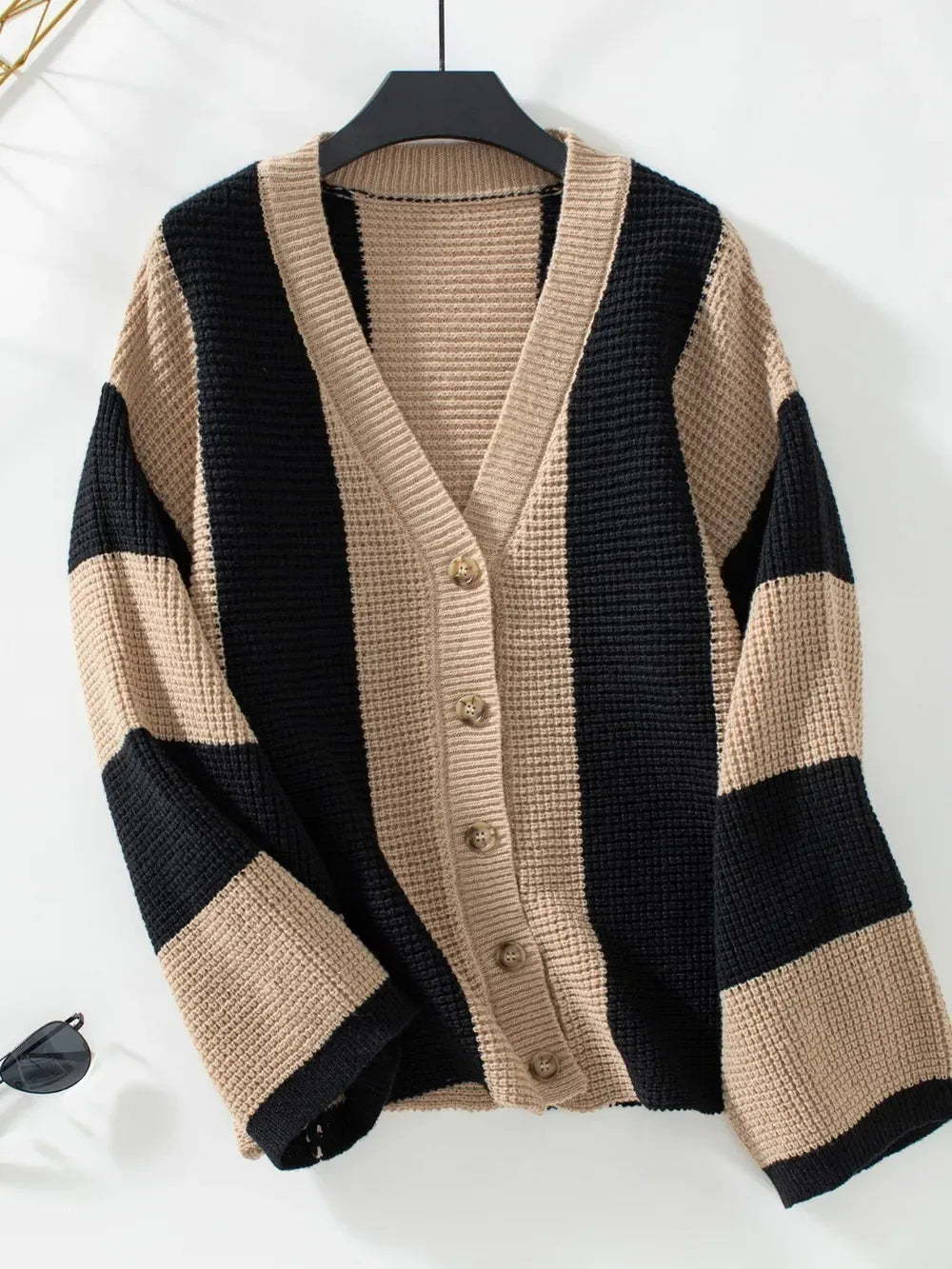 Waffle-Knit V-Neck Striped Long Sleeve Cardigan - DAVERRI FASHIONS