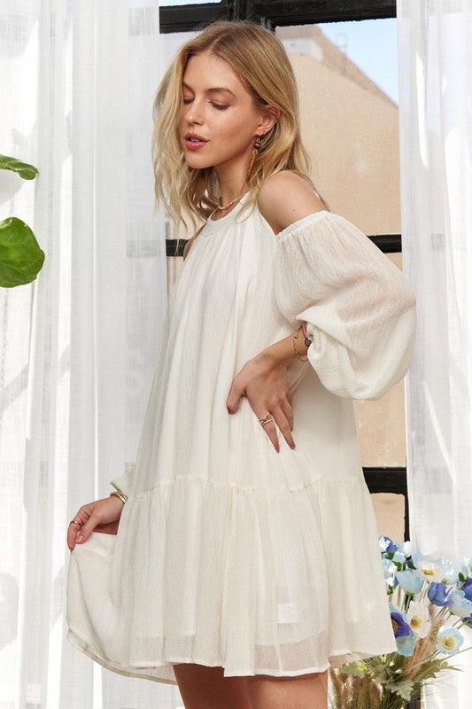 ADORA Cold Shoulder Balloon Sleeve Mini Dress Mini Dresses
