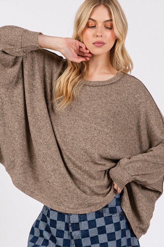 SAGE + FIG Round Neck Batwing Sleeve Oversize Top Coffee Brown M Tops