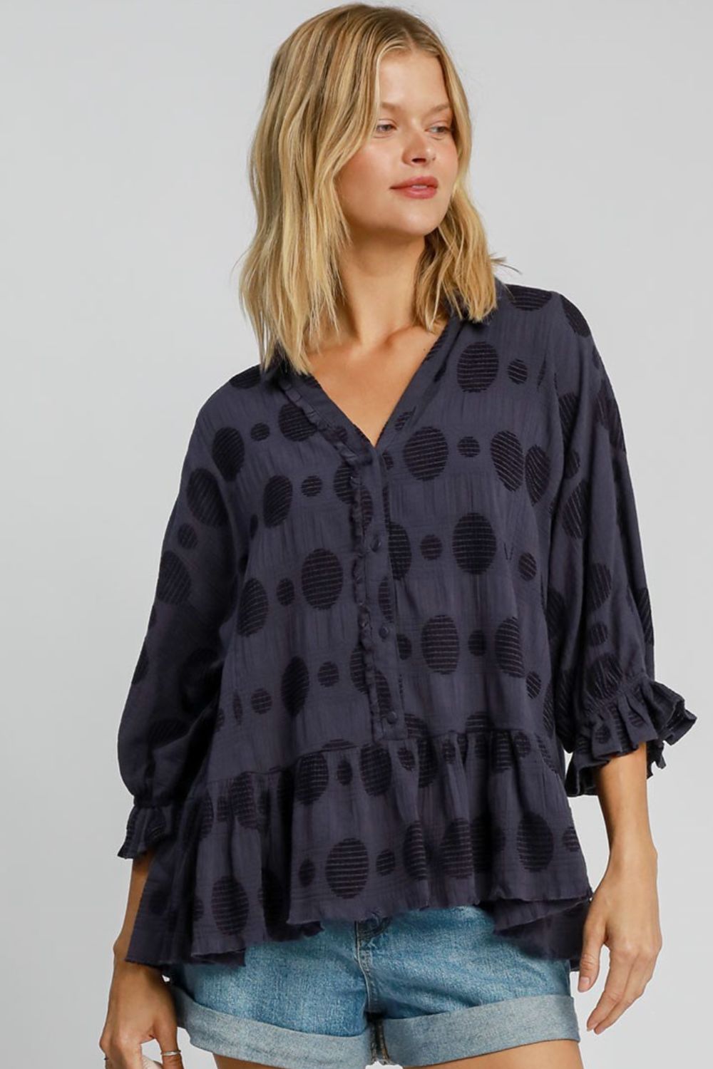 Umgee Full Size Swiss Dot Half Button Flounce Sleeve Blouse Dark Navy Blouses