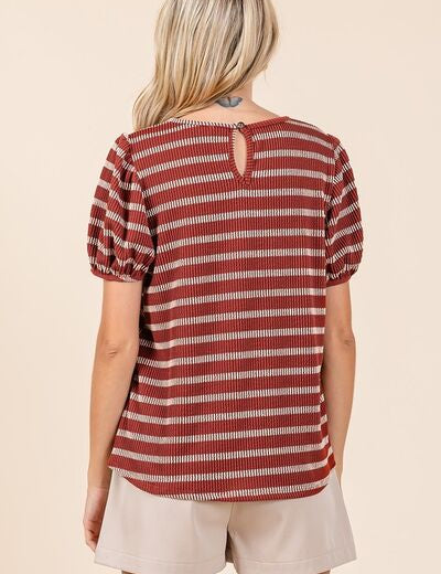 Mittoshop Contrast Striped Short Puff Sleeve Knit Top