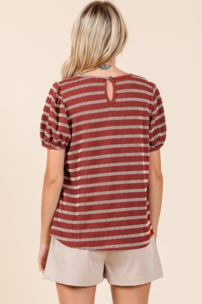 Mittoshop Contrast Striped Short Puff Sleeve Knit Top