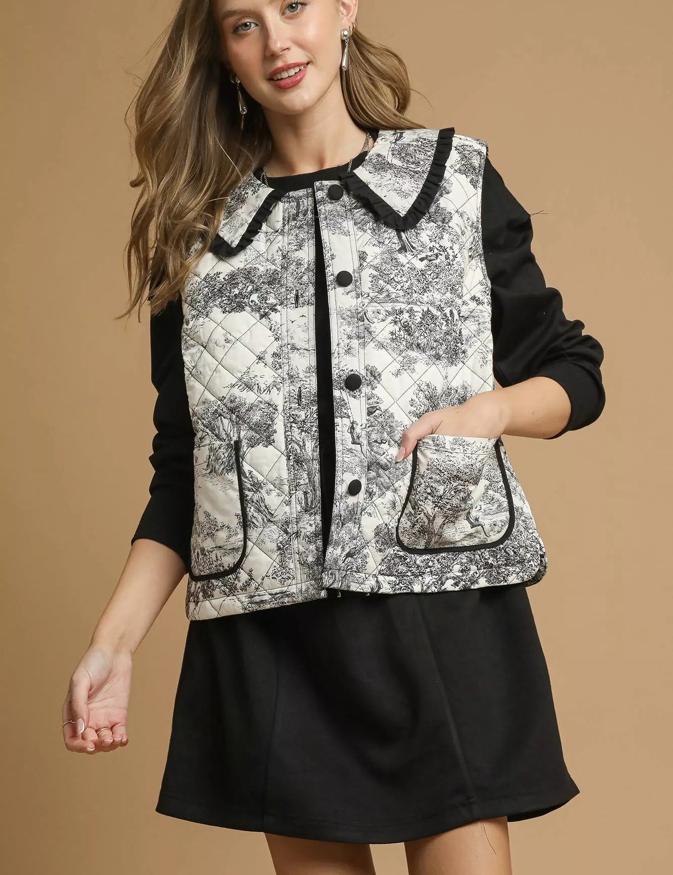 Black Umgee Toile Quilted Vest with Ruffle Collar | Vest Jackets Daverri Fashions