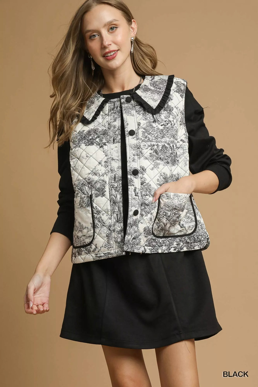 Black Umgee Toile Quilted Vest with Ruffle Collar | Vest Jackets Daverri Fashions