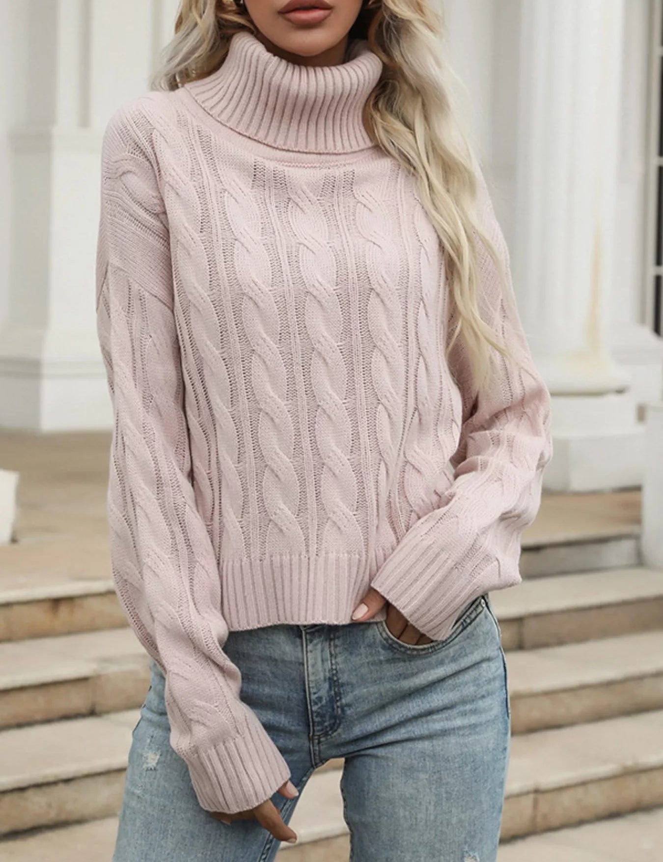 Pink Cable Knit Turtleneck Sweater | Sweaters Daverri Fashions