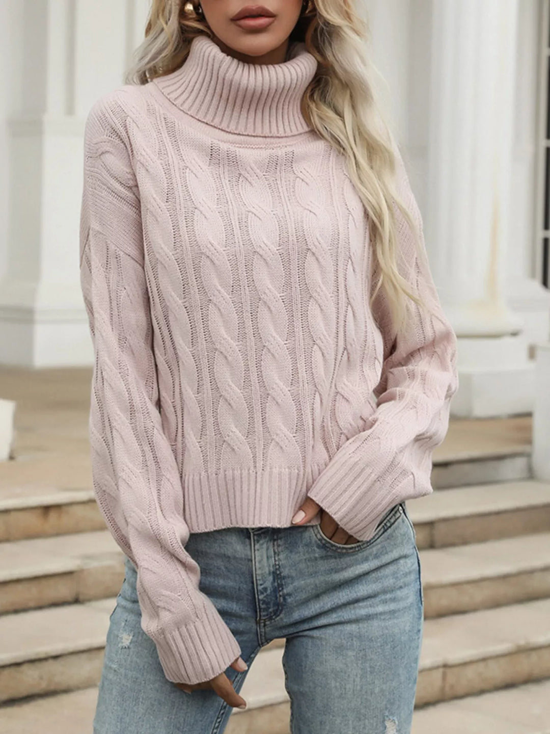 Pink Cable Knit Turtleneck Sweater | Sweaters Daverri Fashions