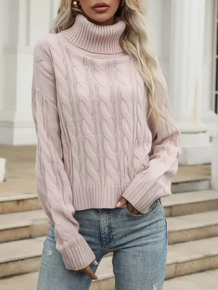 Pink Cable Knit Turtleneck Sweater | Sweaters Daverri Fashions