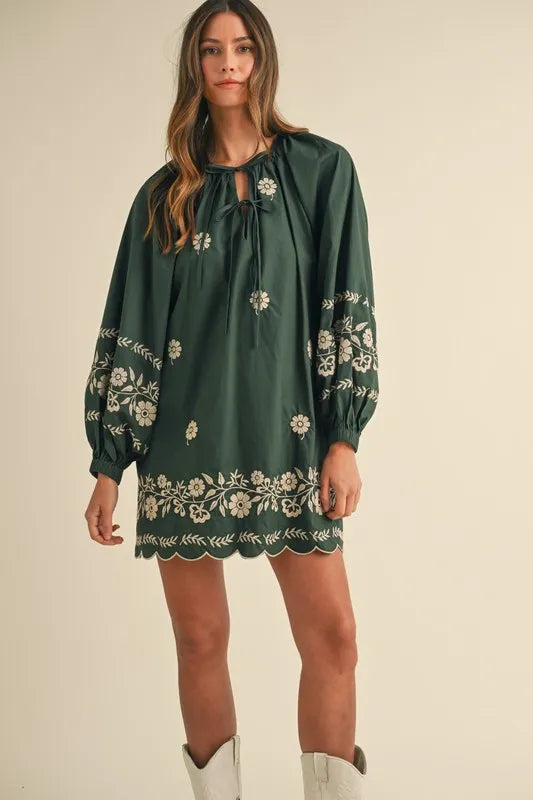 MABLE Embroidered Long Sleeve Peasant Mini Dress