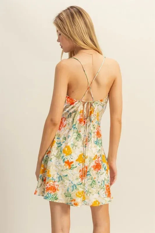 HYFVE Floral Cowl Neck Flirty Satin Mini Dress - DAVERRI FASHIONS