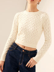 Cutout Bow Back Texture Round Neck Sweater | Sweaters Daverri Fashions
