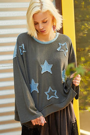 POL Exposed Seam Relaxed Fit Sweater with Star Denim Patch | Sweaters Daverri Fashions