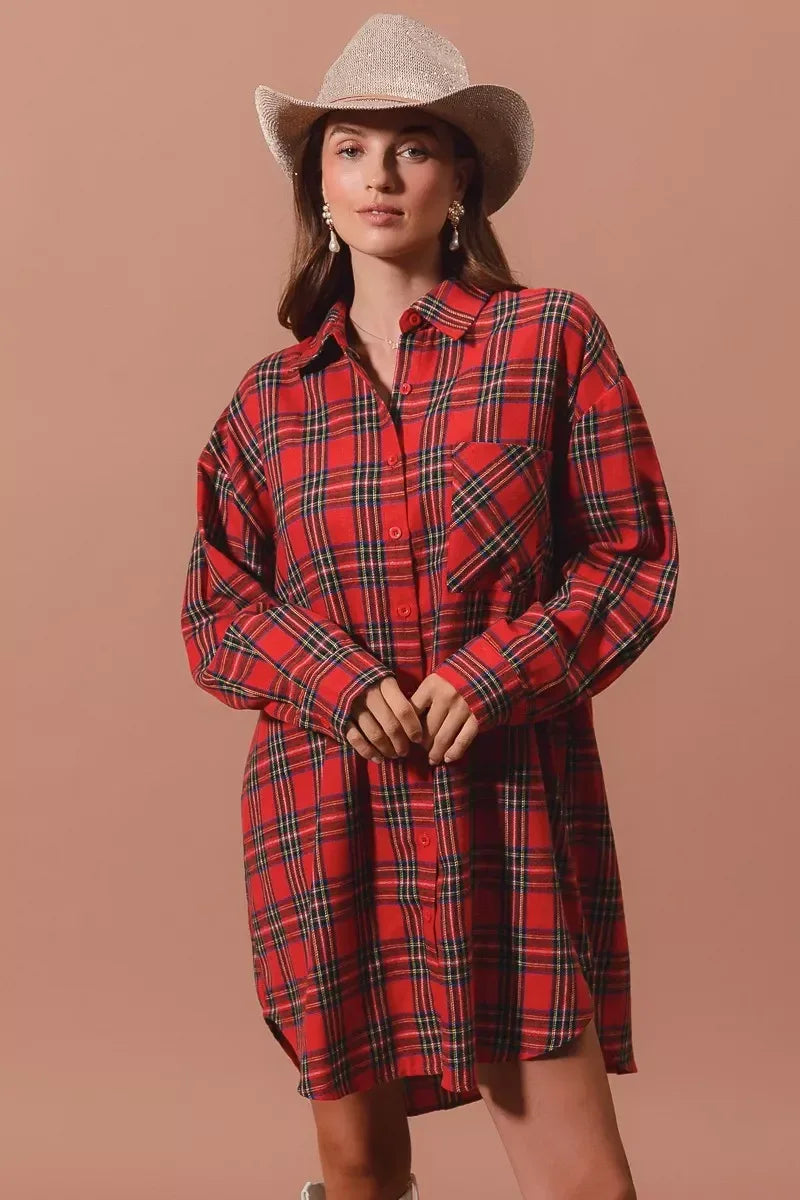 SO ME Christmas Checker Plaid Button Up Shirt Dress - DAVERRI FASHIONS