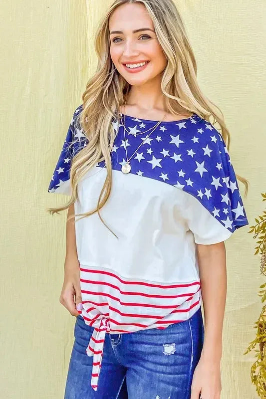 And The Why American Flag Print Tie Knot Front Casual Top - DAVERRI FASHIONS