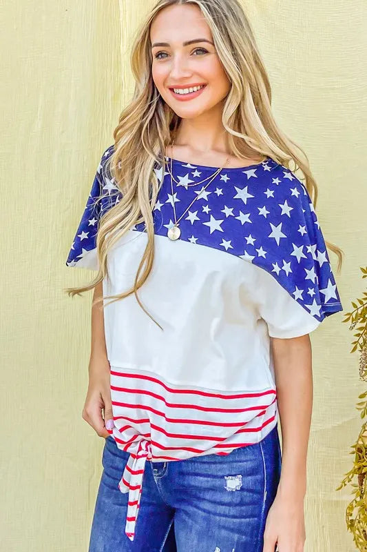 And The Why American Flag Print Tie Knot Front Casual Top Tops