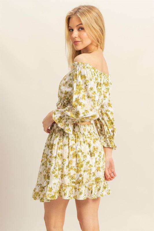 HYFVE Floral Off-Shoulder Flounce Sleeve Top and Skirt Set