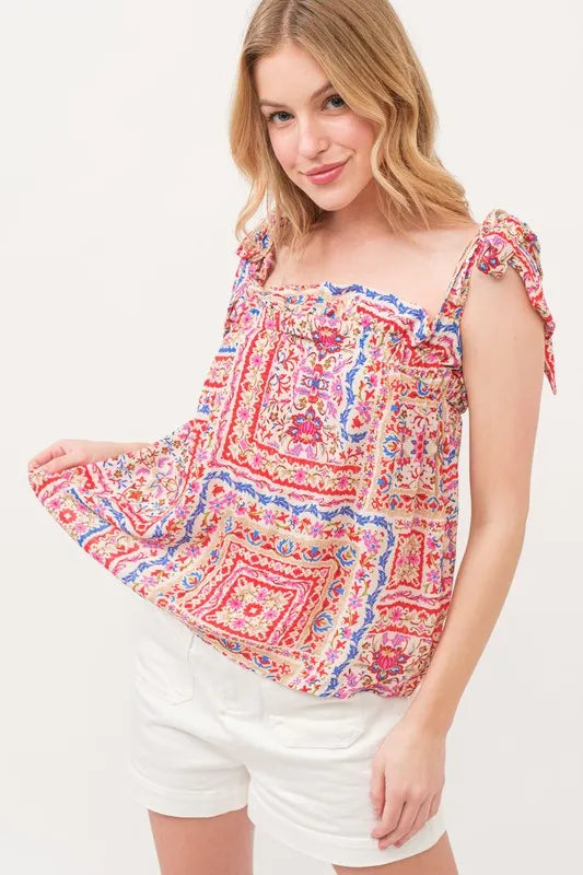 And The Why Ruffled Neck Tied Strap Boho Printed Swing Top Tops