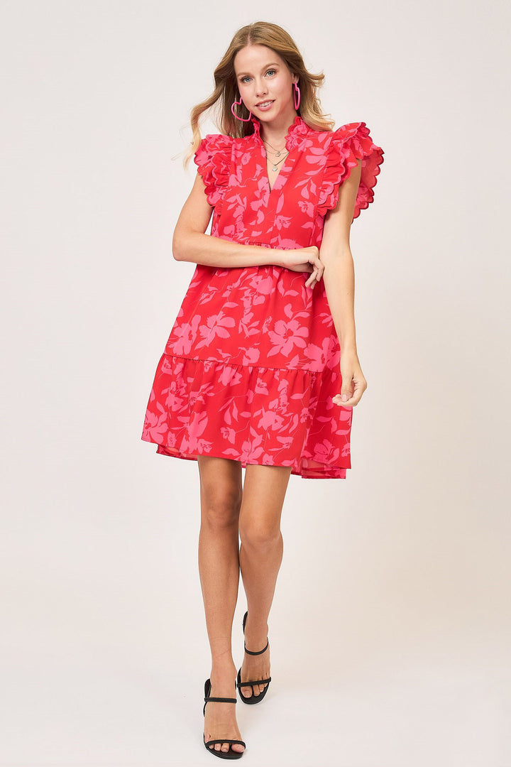 Umgee Red Two Tone Floral Print Ruffle Cap Sleeve Mini Dress Mini Dresses