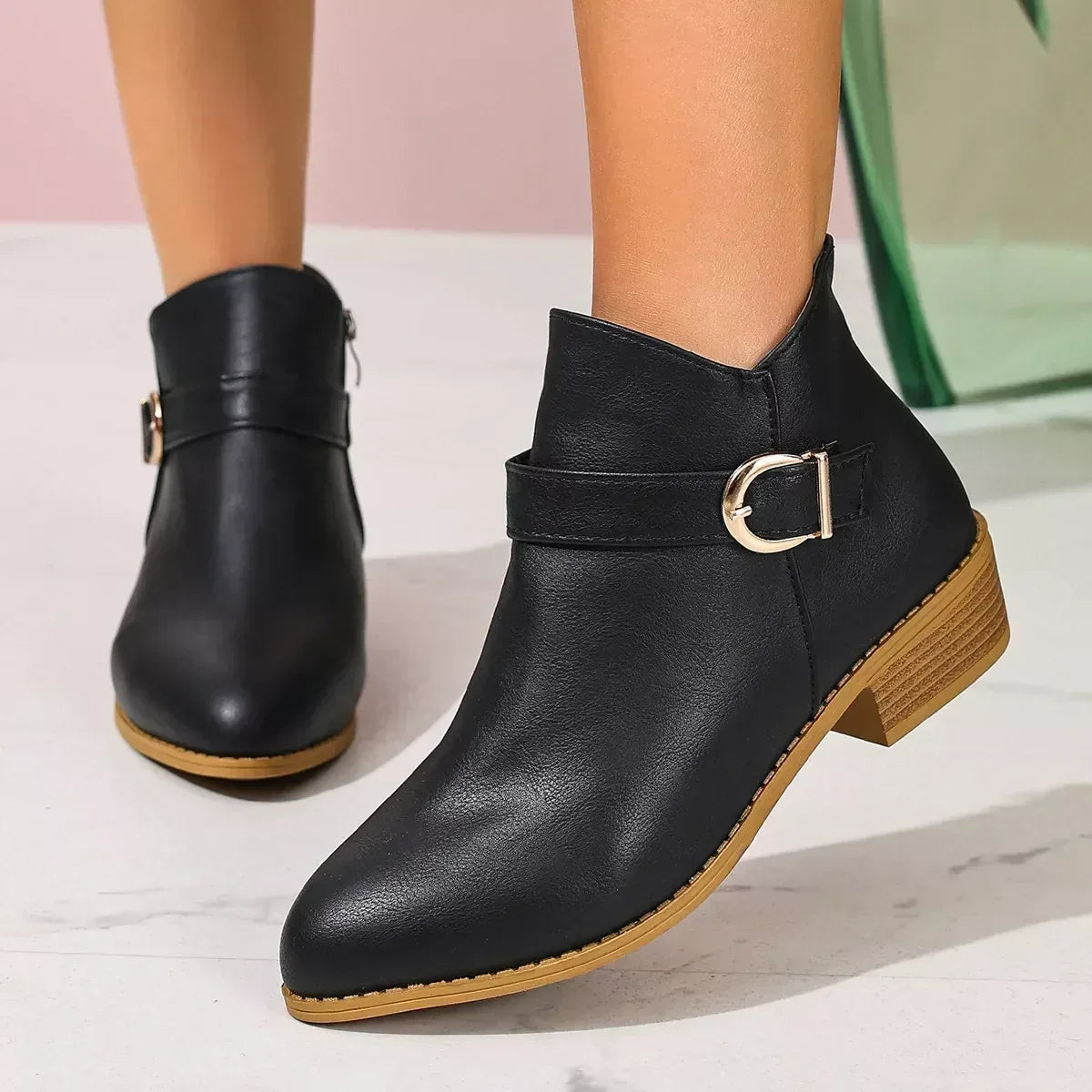 Side Zip Point Toe Block Heeled Ankle Boots - DAVERRI FASHIONS