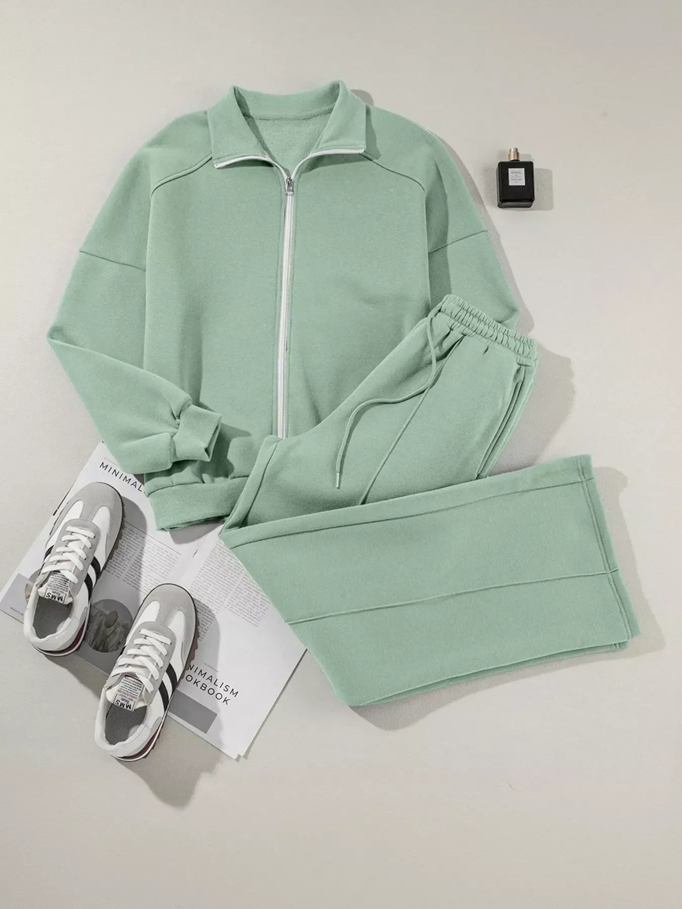 Drop Shoulder Zip Up Jacket and Drawstring Pants Active 2pcs Set - DAVERRI FASHIONS