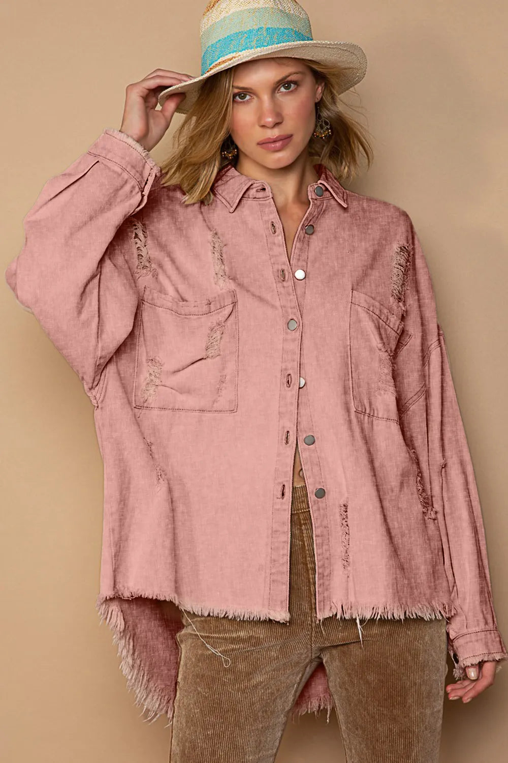 POL Button Down Raw Hem Distressed Shacket | Shackets Daverri Fashions