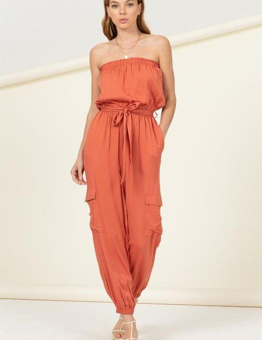 Flap Side Pockets Belted Tube Jumpsuit Jumpsuits