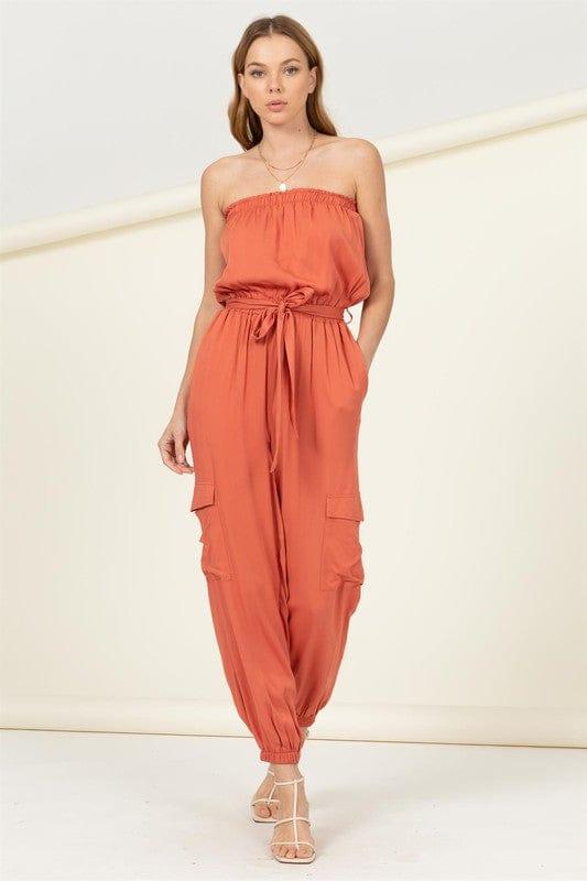 Flap Side Pockets Belted Tube Jumpsuit Jumpsuits