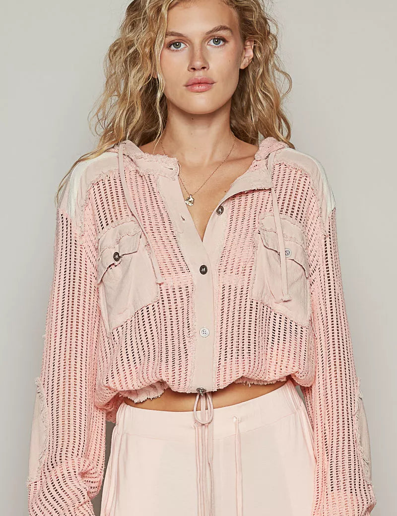 PEACH MULTI POL Texture Woven Button Down Hooded Shirt with Drawstring Hem | Shirts Daverri Fashions